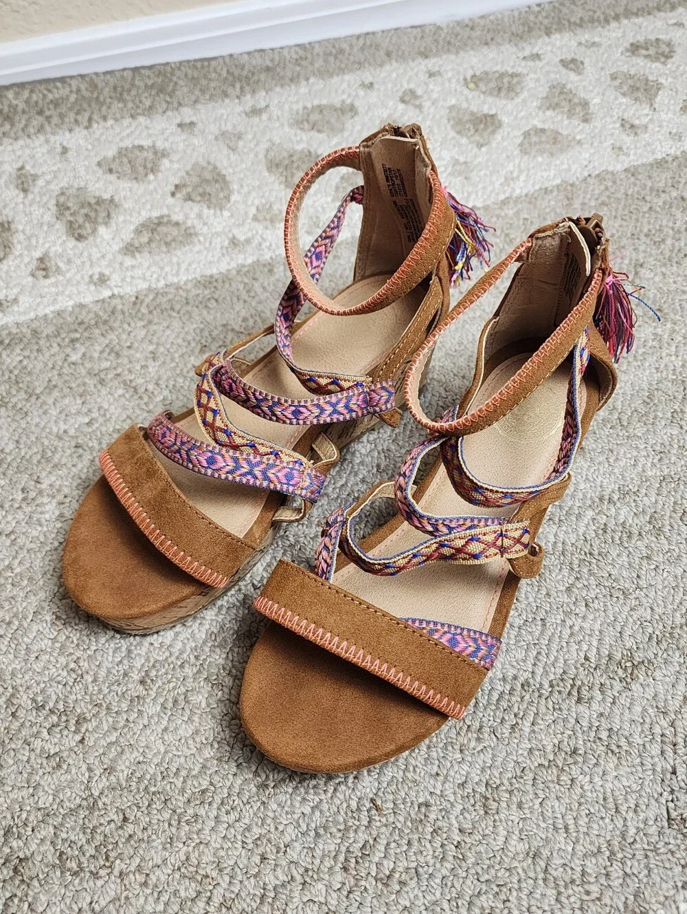 SO® Girls Boho Cork Wedge Sandals with Embroidered Straps & Tassels Size 2